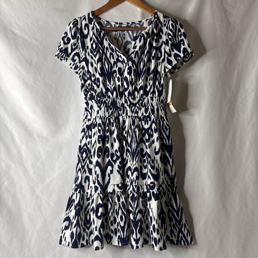 Be by Chetta B Blue White Abstract Ikat Animal Print Elastic Waist PS Dress
